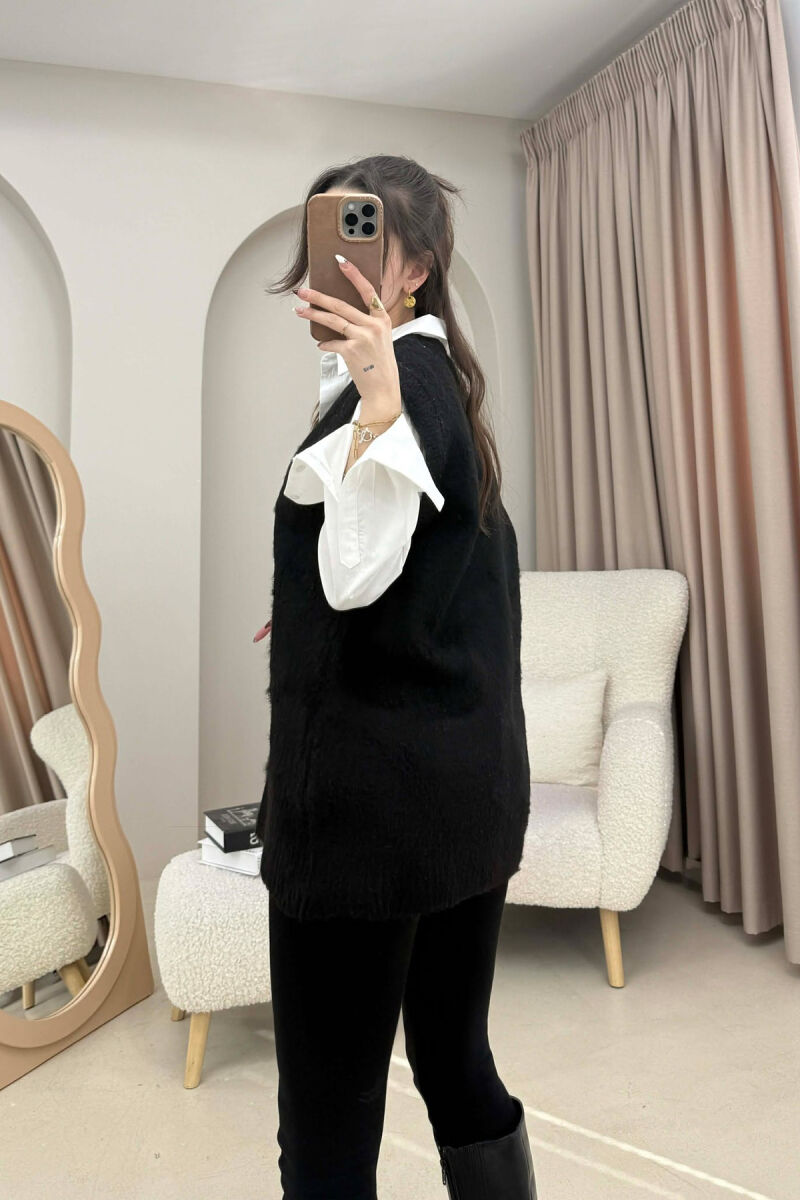 ONE COLOR V NECK KNITTED WOMEN VEST BLACK/ E ZEZE - 3