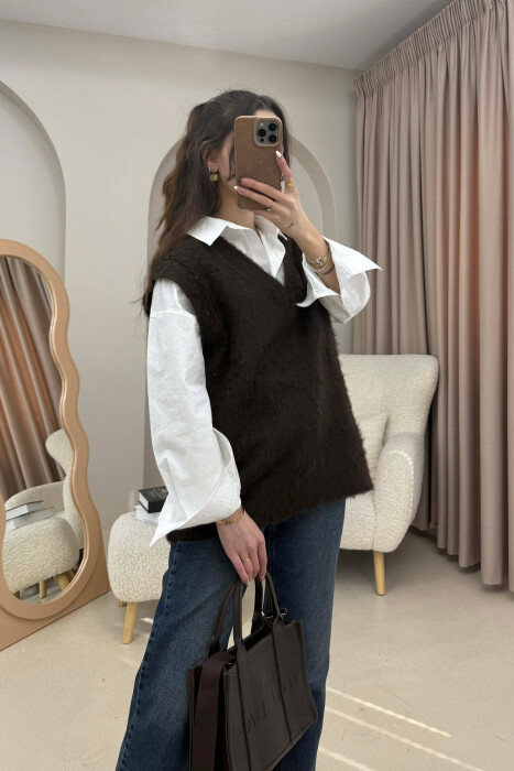 ONE COLOR V NECK KNITTED WOMEN VEST BROWN/KAFE 