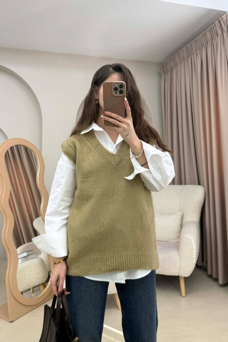 ONE COLOR V NECK KNITTED WOMEN VEST OLIVE/ULLI 
