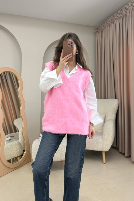 ONE COLOR V NECK KNITTED WOMEN VEST PINK/ROZE 