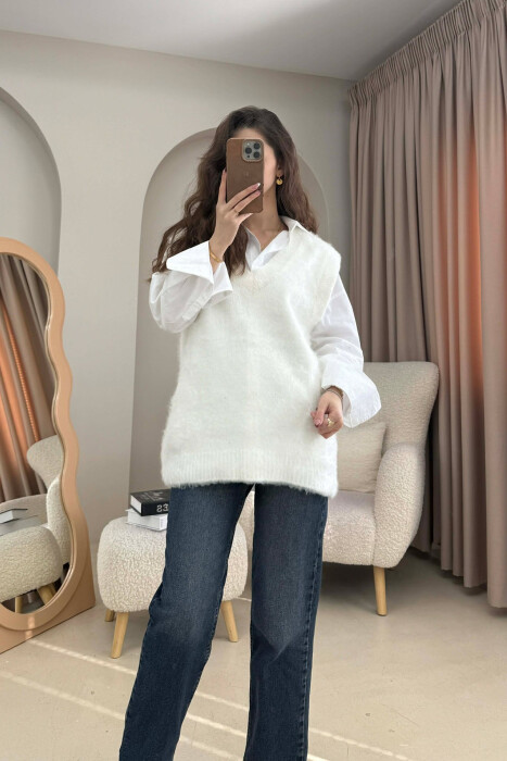 ONE COLOR V NECK KNITTED WOMEN VEST WHITE-E BARDHE 