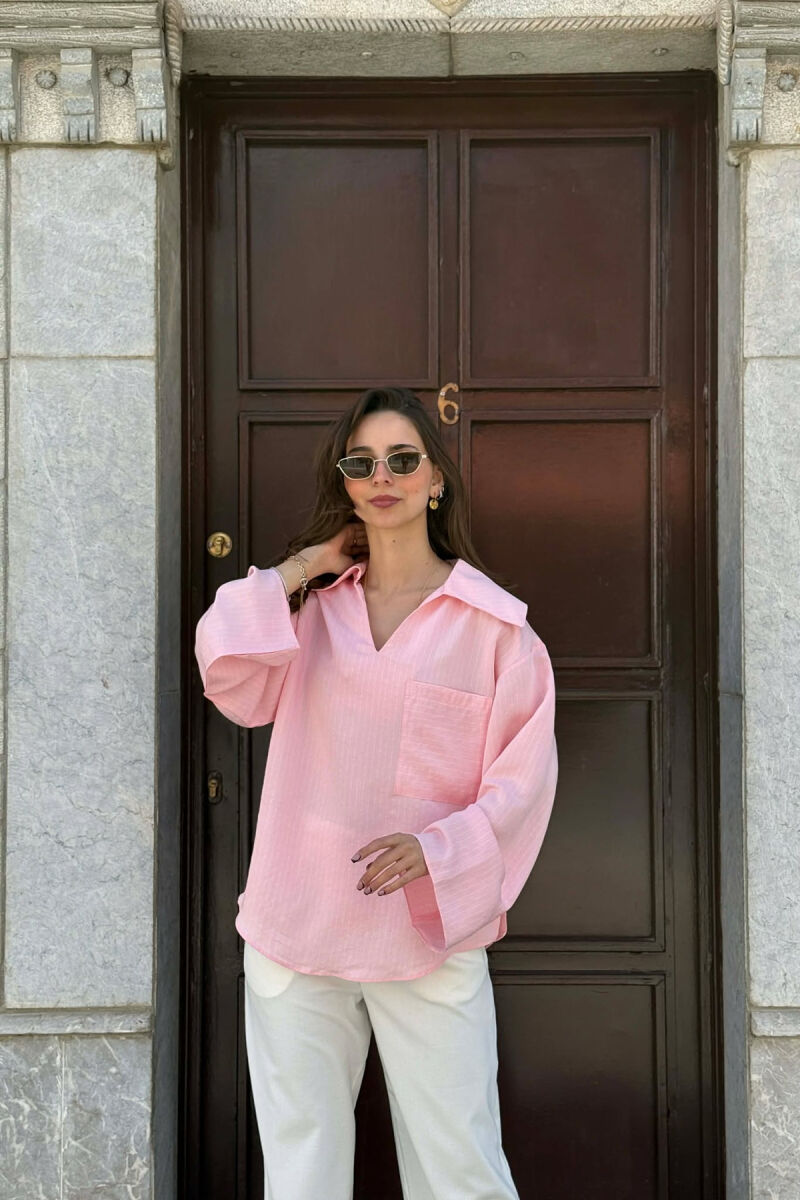 ONE COLOR V-NECK LINES DESIGNS FRONT POCKET WOMAN SHIRT PINK/ROZE - 1