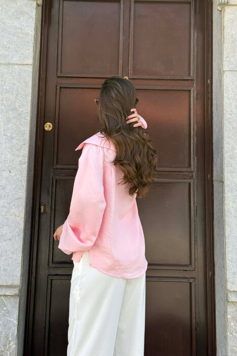 ONE COLOR V-NECK LINES DESIGNS FRONT POCKET WOMAN SHIRT PINK/ROZE - 2