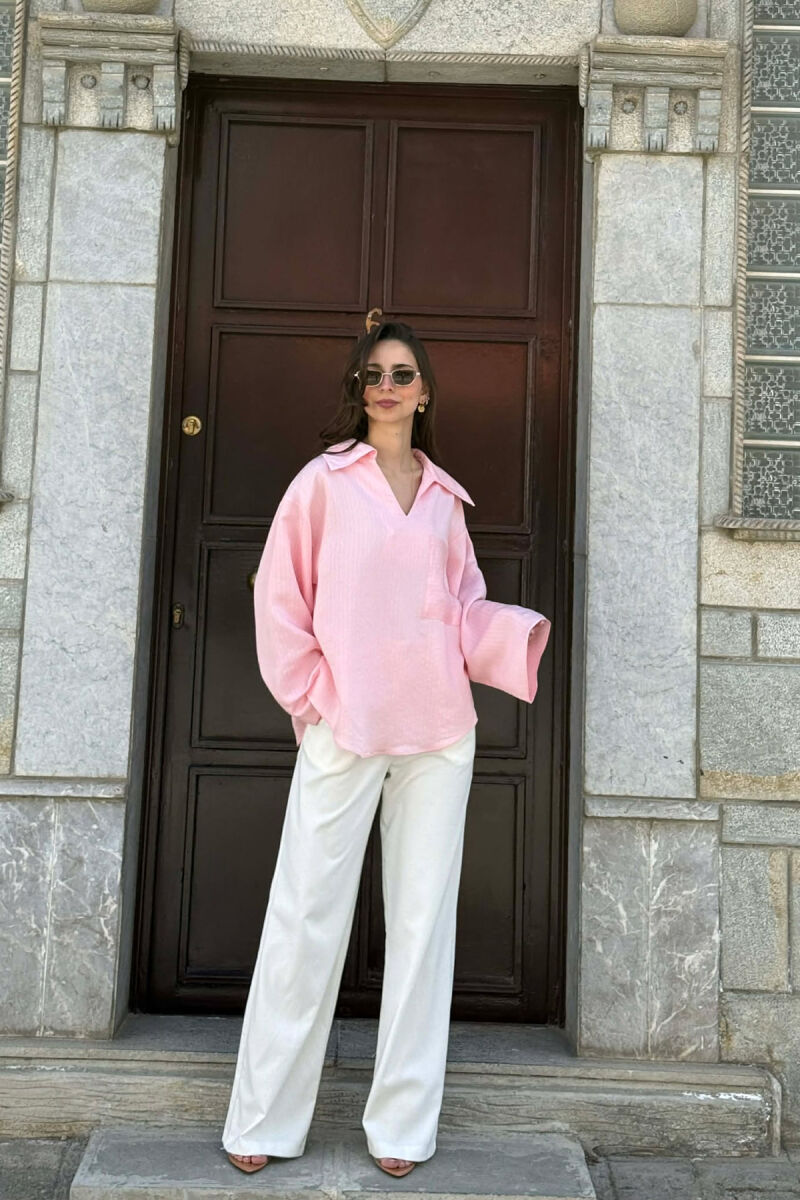 ONE COLOR V-NECK LINES DESIGNS FRONT POCKET WOMAN SHIRT PINK/ROZE - 3
