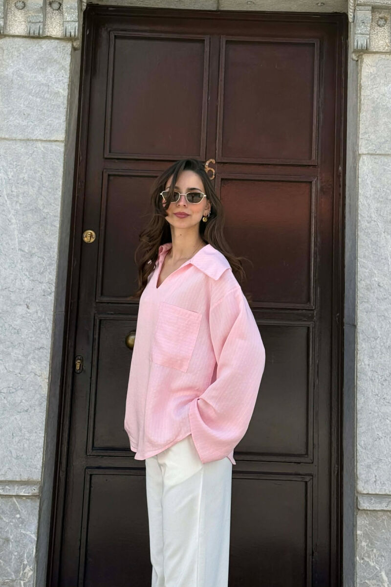 ONE COLOR V-NECK LINES DESIGNS FRONT POCKET WOMAN SHIRT PINK/ROZE - 4