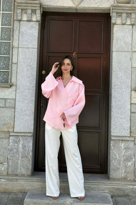ONE COLOR V-NECK LINES DESIGNS FRONT POCKET WOMAN SHIRT PINK/ROZE - 5