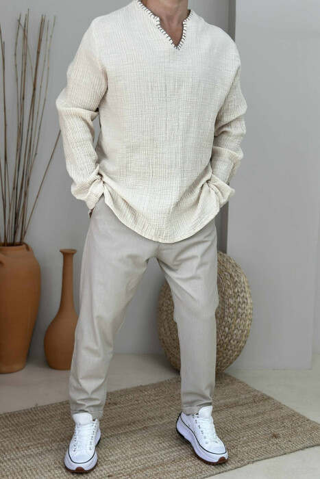 ONE COLOR V NECK MEN SHIRT BEIGE/BEZHE 