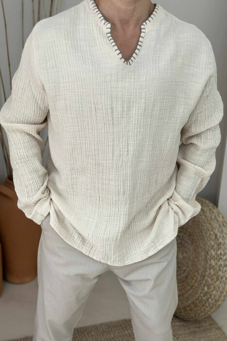 ONE COLOR V NECK MEN SHIRT BEIGE/BEZHE - 2