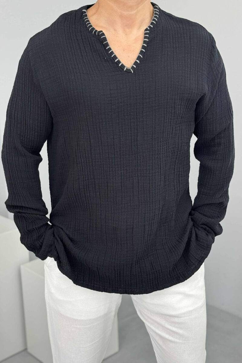 ONE COLOR V NECK MEN SHIRT BLACK/ E ZEZE - 3