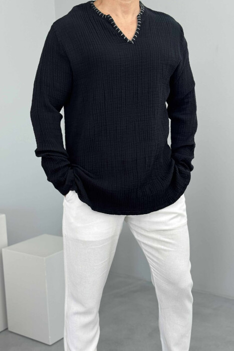 ONE COLOR V NECK MEN SHIRT BLACK/ E ZEZE 