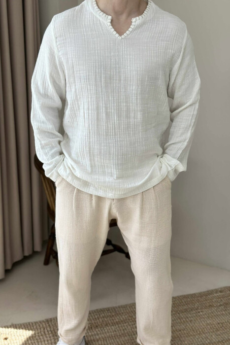 ONE COLOR V NECK MEN SHIRT CREAM/KREM - 1