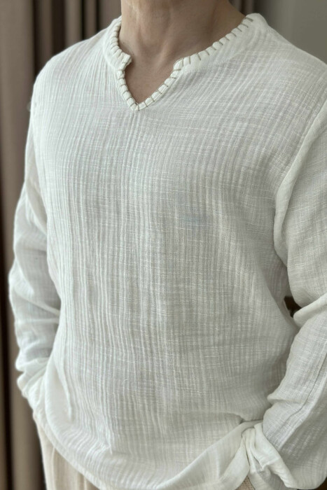 ONE COLOR V NECK MEN SHIRT CREAM/KREM - 2