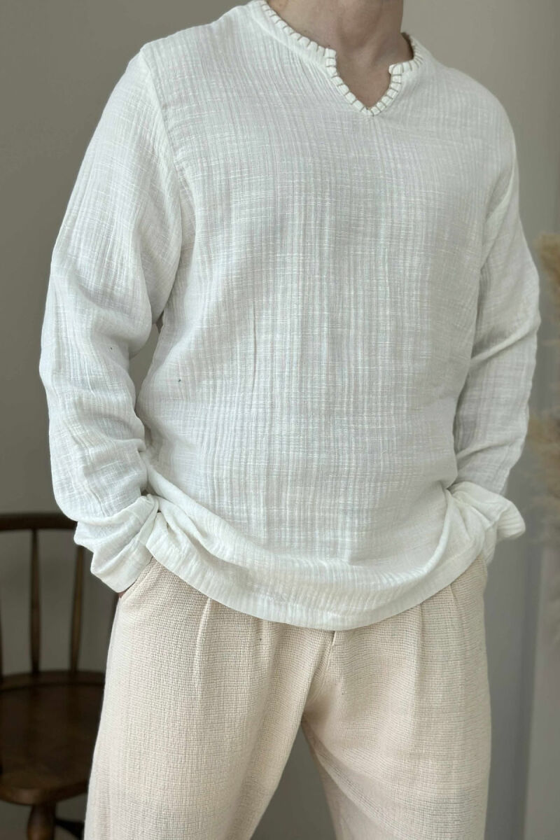 ONE COLOR V NECK MEN SHIRT CREAM/KREM - 3