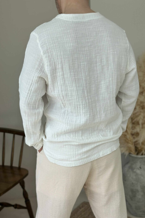ONE COLOR V NECK MEN SHIRT CREAM/KREM - 4
