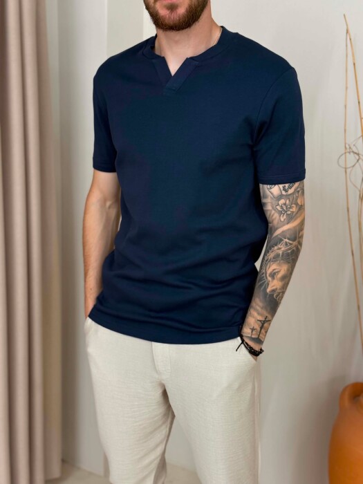 ONE COLOR V NECK MEN T-SHIRT BLUE/BLU - 4
