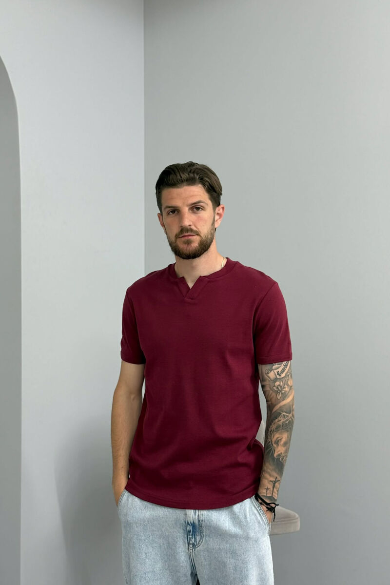ONE COLOR V NECK MEN T-SHIRT BURGUNDY/VISHNJE - 1