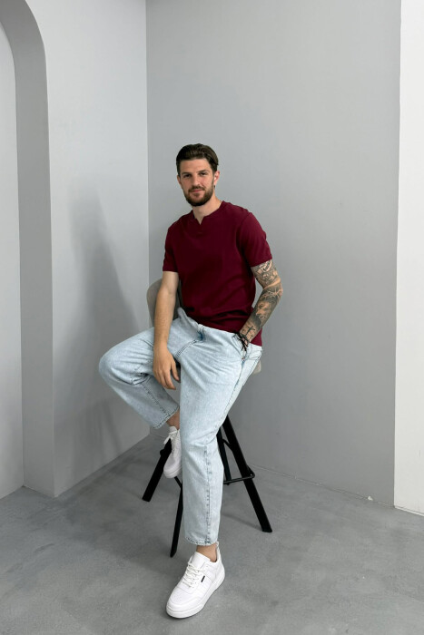 ONE COLOR V NECK MEN T-SHIRT BURGUNDY/VISHNJE - 3