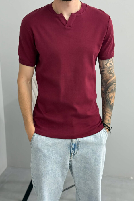 ONE COLOR V NECK MEN T-SHIRT BURGUNDY/VISHNJE - 4