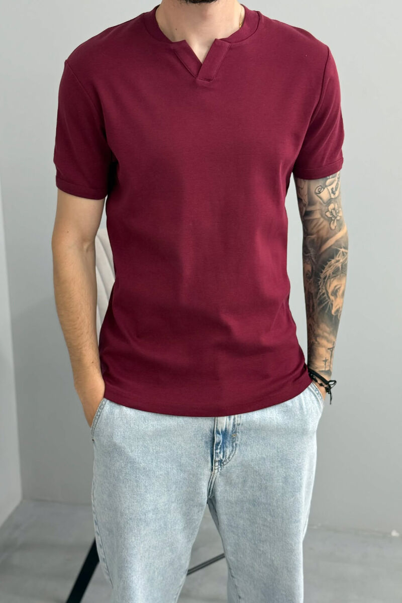 ONE COLOR V NECK MEN T-SHIRT BURGUNDY/VISHNJE - 4