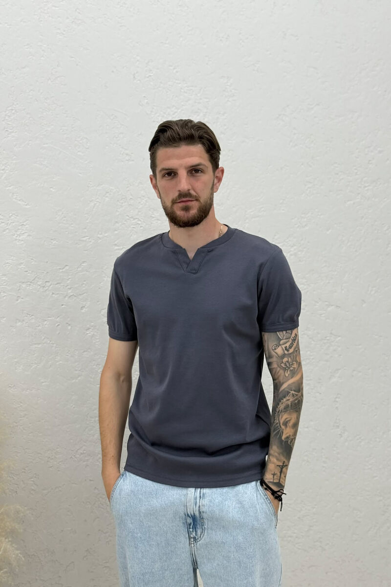 ONE COLOR V NECK MEN T-SHIRT DARK GREY/GEE - 1