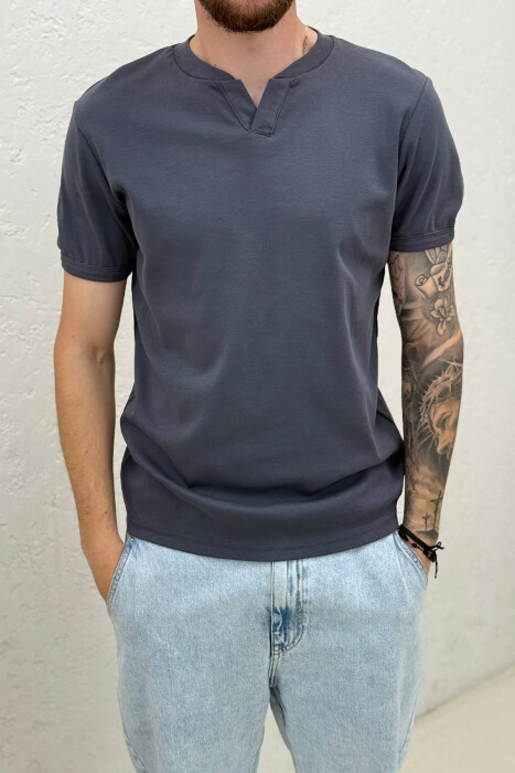 ONE COLOR V NECK MEN T-SHIRT DARK GREY/GEE - 4