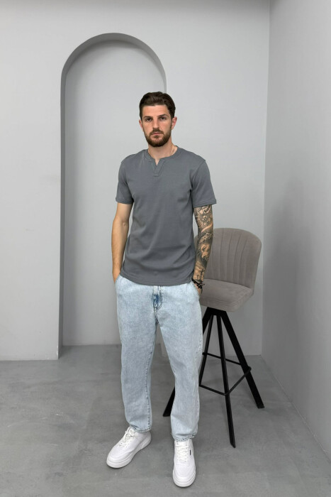 ONE COLOR V NECK MEN T-SHIRT GREY/GRI - 3