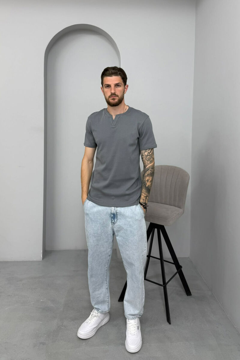 ONE COLOR V NECK MEN T-SHIRT GREY/GRI - 3