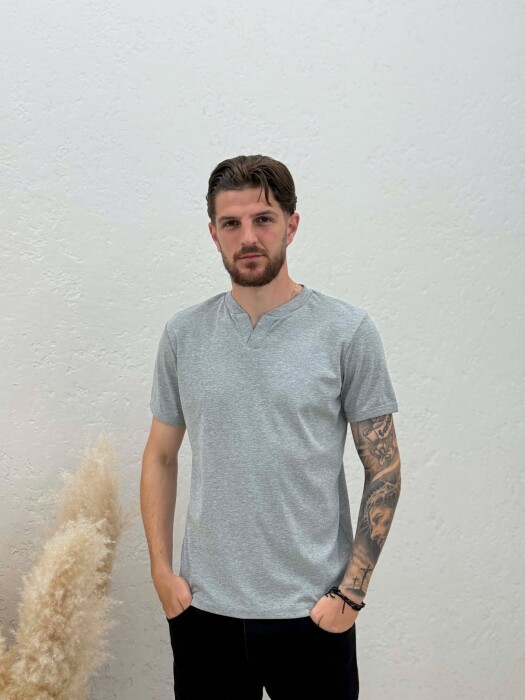 ONE COLOR V NECK MEN T-SHIRT LIGHT GREY/GZ - KLAUDIO FASHION