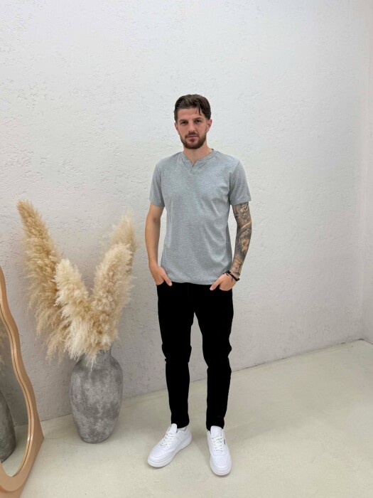 ONE COLOR V NECK MEN T-SHIRT LIGHT GREY/GZ - 3