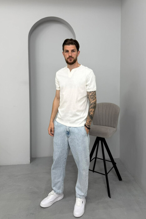 ONE COLOR V NECK MEN T-SHIRT WHITE-E BARDHE - 3