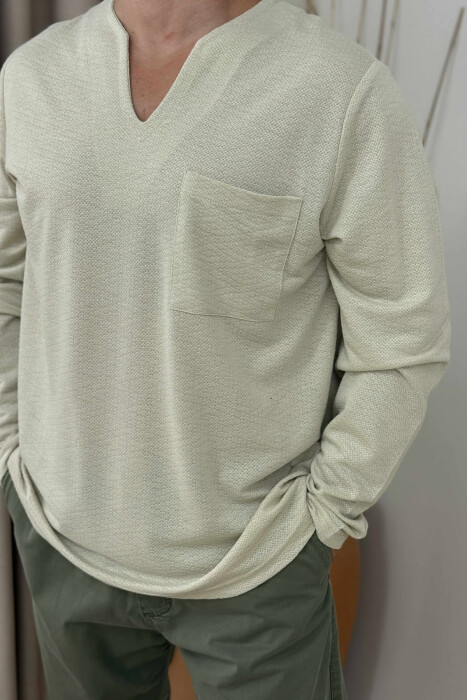 ONE COLOR V NECK POCKET DETAIL MEN SWEATER BEIGE/BEZHE - KLAUDIO FASHION