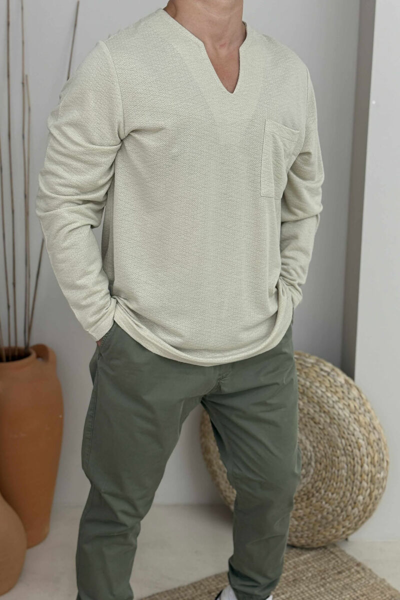 ONE COLOR V NECK POCKET DETAIL MEN SWEATER BEIGE/BEZHE - 2