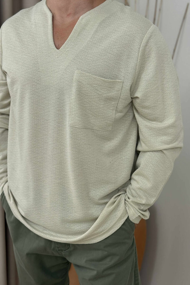 ONE COLOR V NECK POCKET DETAIL MEN SWEATER BEIGE/BEZHE - 1