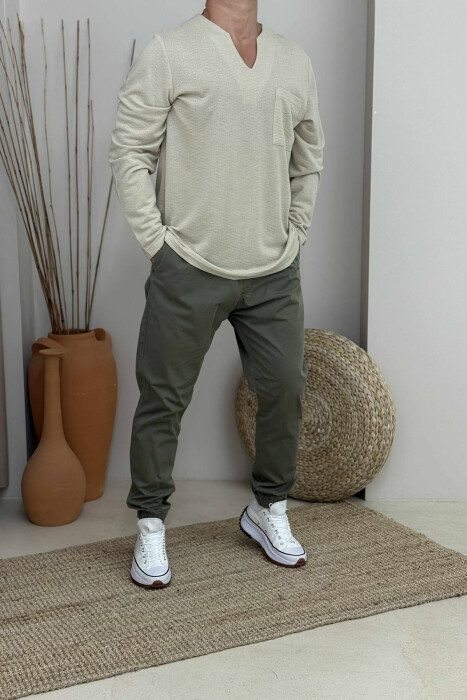 ONE COLOR V NECK POCKET DETAIL MEN SWEATER BEIGE/BEZHE - 3