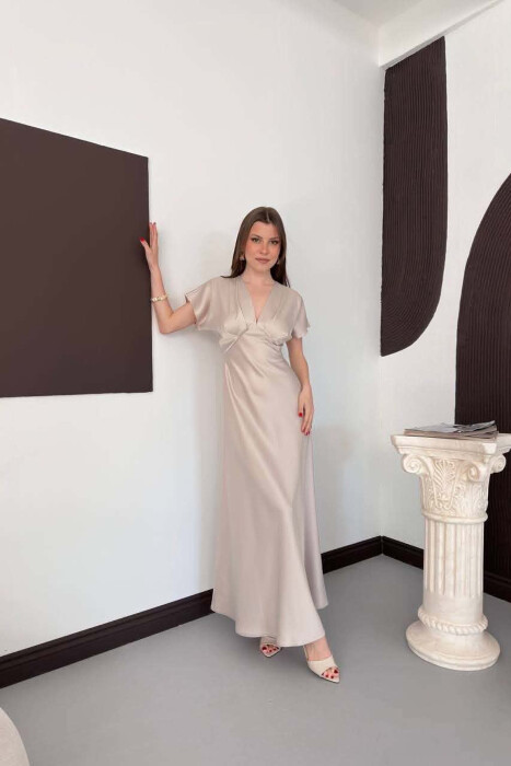 ONE COLOR V NECK SHINY WOMAN DRESS BEIGE/BEZHE - 6