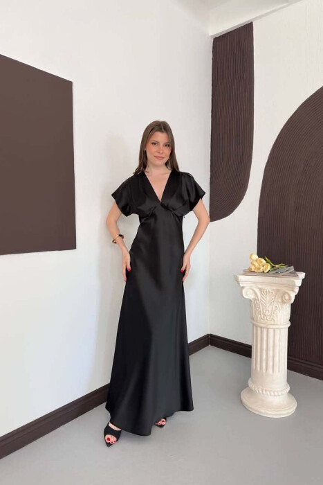 ONE COLOR V NECK SHINY WOMAN DRESS BLACK/ E ZEZE - KLAUDIO FASHION