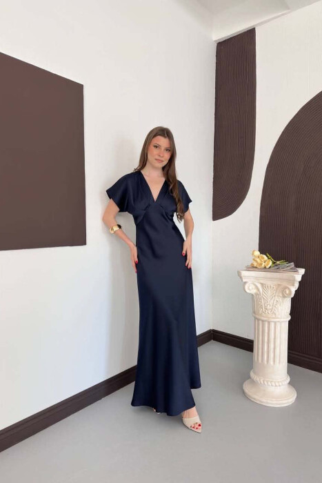 ONE COLOR V NECK SHINY WOMAN DRESS BLUE/BLU - 1