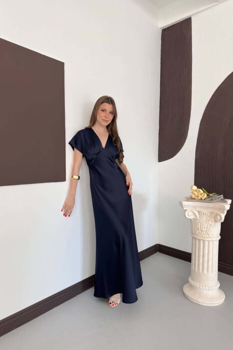 ONE COLOR V NECK SHINY WOMAN DRESS BLUE/BLU - 3