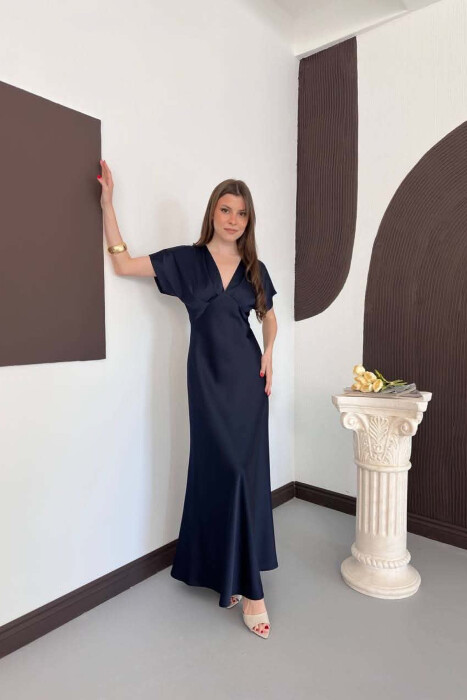 ONE COLOR V NECK SHINY WOMAN DRESS BLUE/BLU - 5