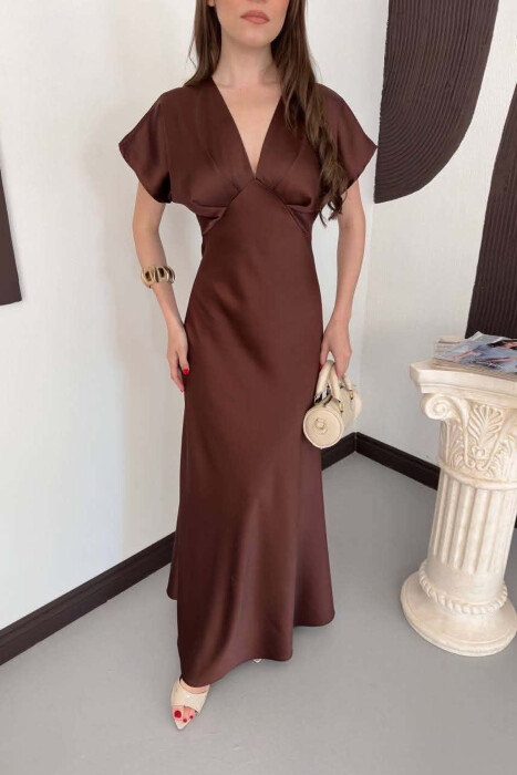 ONE COLOR V NECK SHINY WOMAN DRESS BROWN/KAFE - 3
