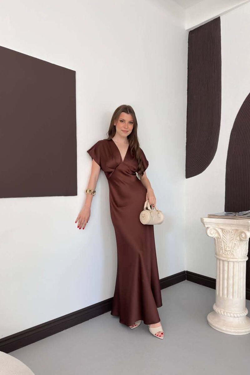 ONE COLOR V NECK SHINY WOMAN DRESS BROWN/KAFE - 6