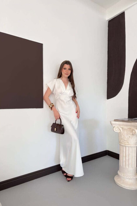 ONE COLOR V NECK SHINY WOMAN DRESS WHITE-E BARDHE - 4