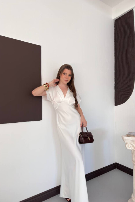 ONE COLOR V NECK SHINY WOMAN DRESS WHITE-E BARDHE - 5
