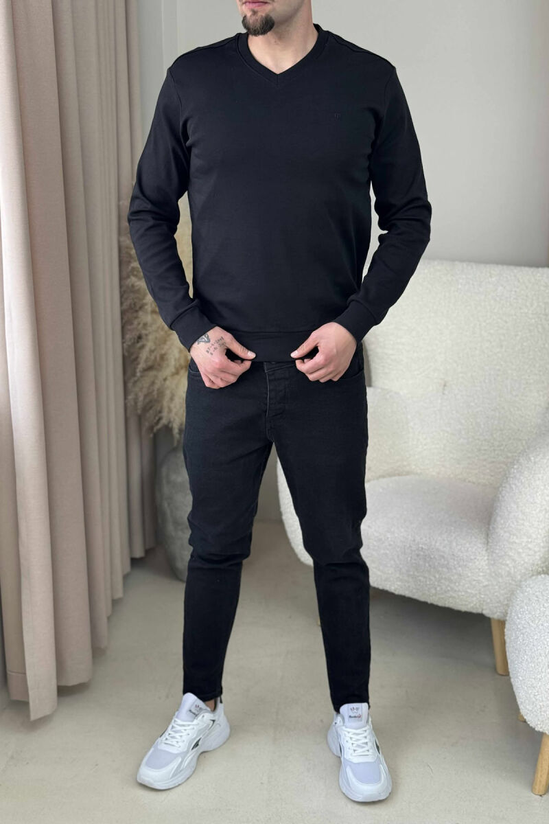 ONE COLOR V NECK SIMPLE MEN SWEATSHIRT BLACK/ E ZEZE - 1
