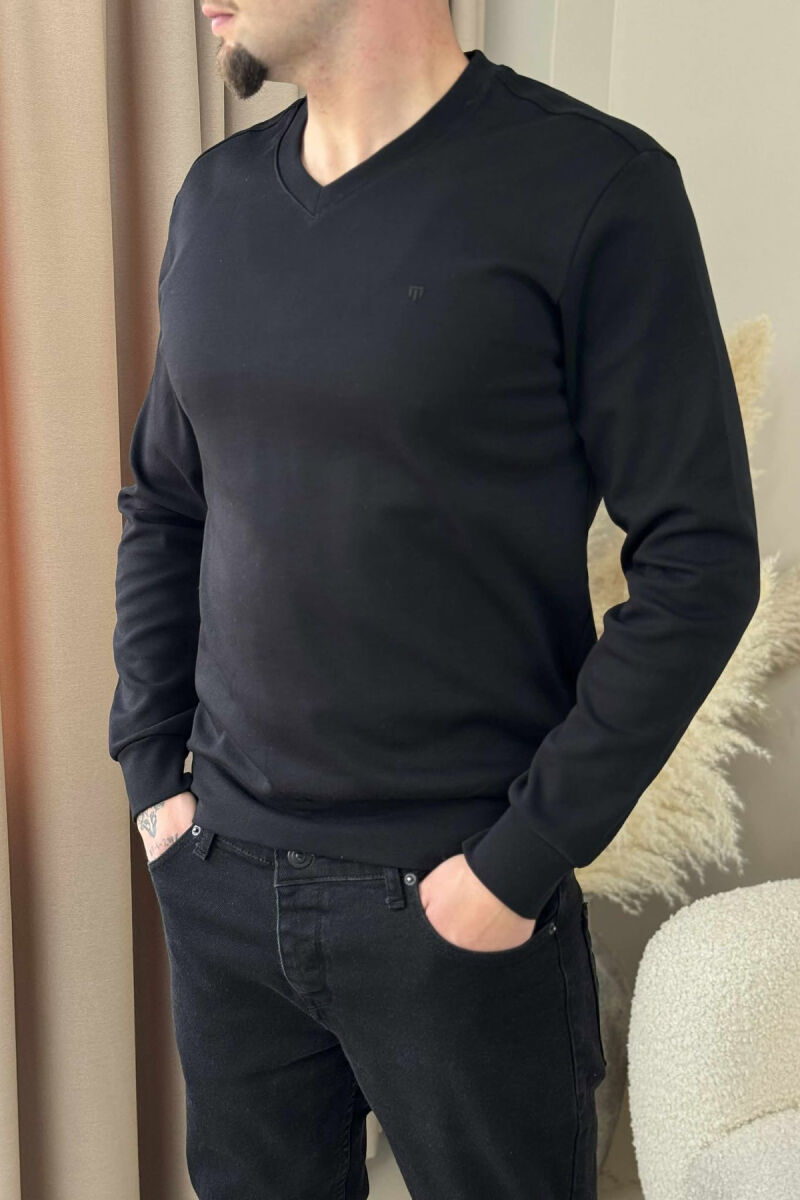 ONE COLOR V NECK SIMPLE MEN SWEATSHIRT BLACK/ E ZEZE - 2