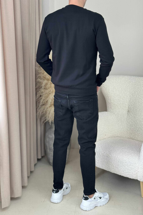 ONE COLOR V NECK SIMPLE MEN SWEATSHIRT BLACK/ E ZEZE - 3