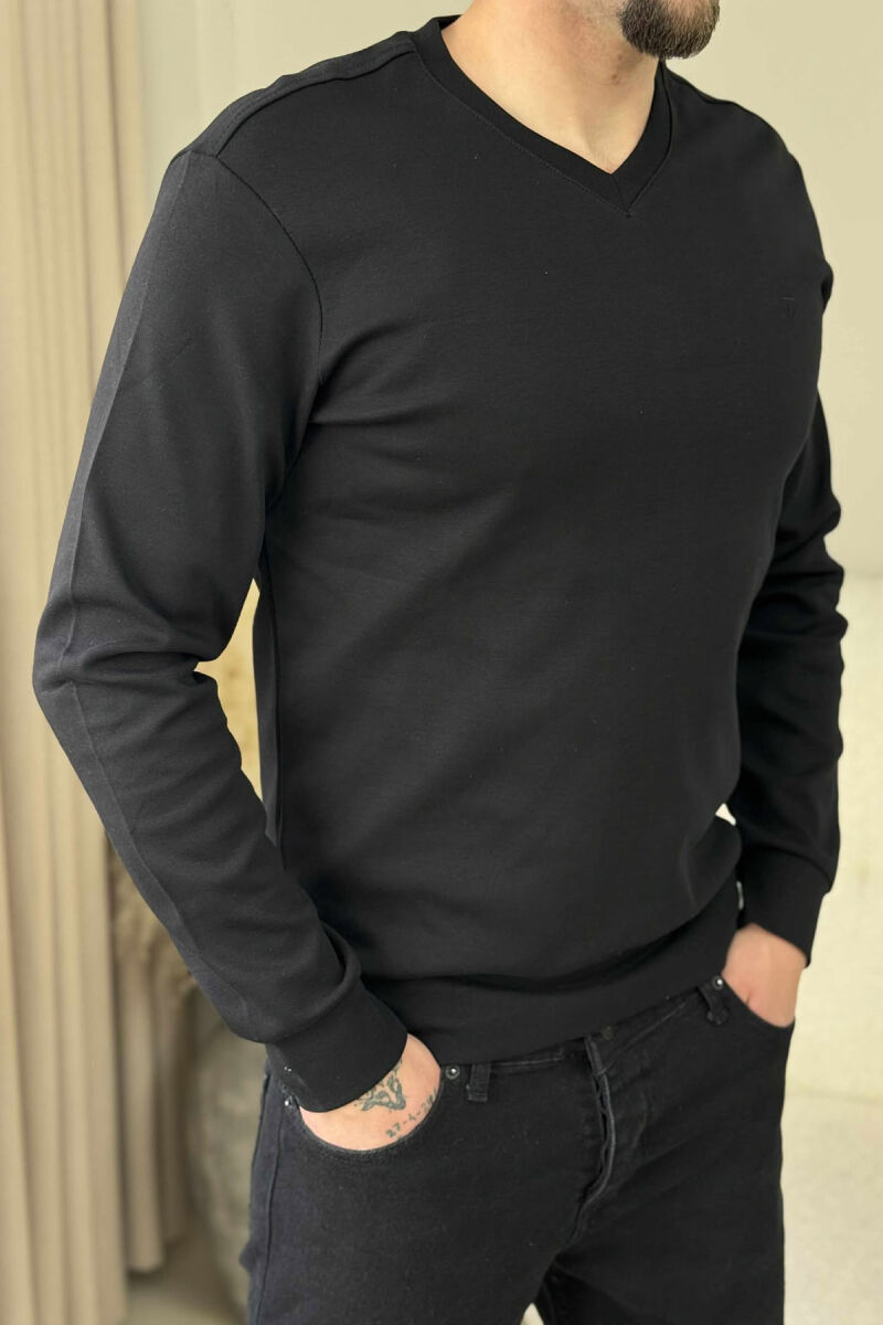 ONE COLOR V NECK SIMPLE MEN SWEATSHIRT BLACK/ E ZEZE - 4
