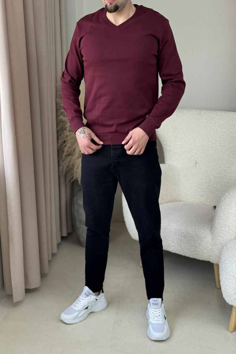 ONE COLOR V NECK SIMPLE MEN SWEATSHIRT BURGUNDY/VISHNJE - 1