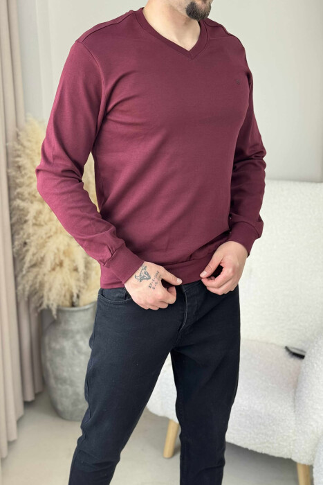 ONE COLOR V NECK SIMPLE MEN SWEATSHIRT BURGUNDY/VISHNJE - 2