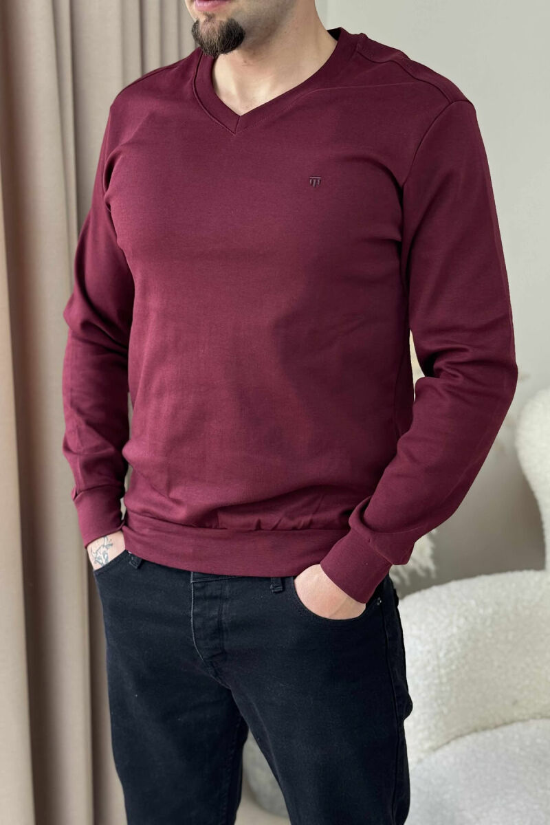 ONE COLOR V NECK SIMPLE MEN SWEATSHIRT BURGUNDY/VISHNJE - 4